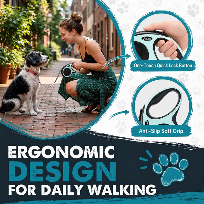 Retractable dog leash for 2 dogs with 360° swivel hook, one-button lock and ergonomic handle