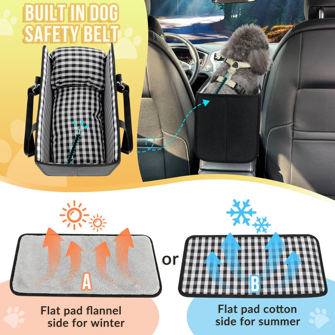 SlowTon Portable Dogs Armrest Booster Seat for Small Dog Anti-Collapse Pet Car Seat with Soft Cushion Safety Belt Black