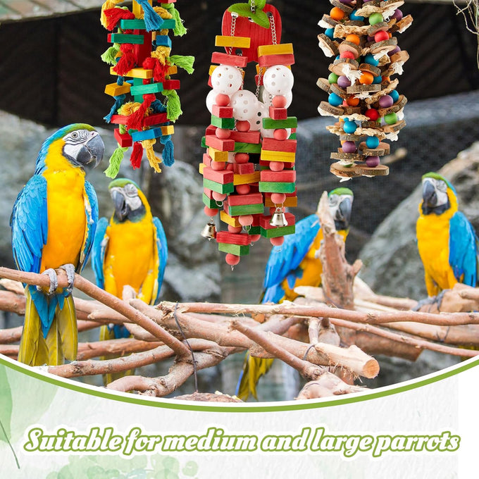 seenelling 3pcs large multicolored wooden parrot cage chewing toys for macaws african greys cockatoos