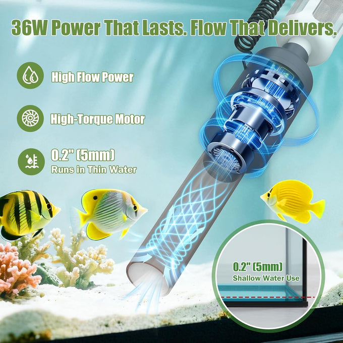 Cordless 6-in-1 Electric Fish Tank Cleaner, 36W Rechargeable, 650GPH Strong Suction for 5-150 Gallon Tanks
