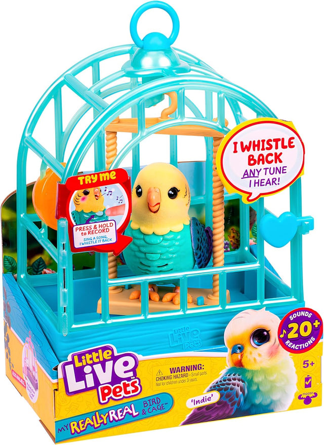 little live pets indie talking bird toy, 20+ sounds, realistic pet play, kids toy playset, ages 5-7, colorful cage