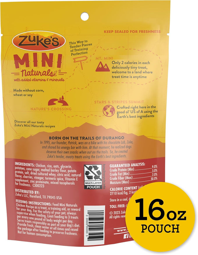 Zuke's Mini Naturals Dog Training Treats with Real Chicken, 2-Calorie Soft Dog Bites, 16 oz