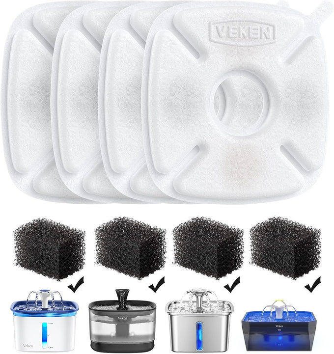 Veken 8-pack cat water fountain filters & pre-filter sponges for 50oz-108oz automatic pet fountains
