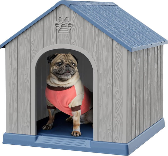 Bifanuo plastic dog house for small to medium dogs, weatherproof design, air vents, elevated floor, easy clean and assemble in blue, 26.18'' L x 24.03'' W x 25.98'' H