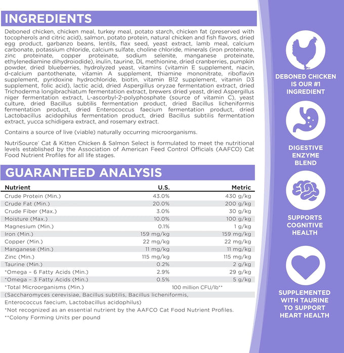 NutriSource Grain Free Chicken & Salmon Cat & Kitten Food, 4LB, 43% Protein, Omega-3 & Omega-6, Prebiotics & Probiotics
