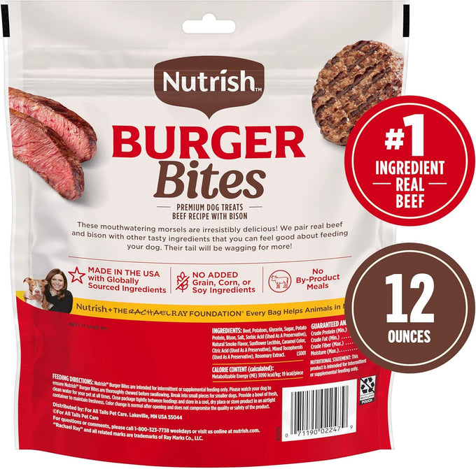 Rachael Ray Nutrish Burger Bites Beef Recipe with Bison Dog Treats, 12 oz Pouch