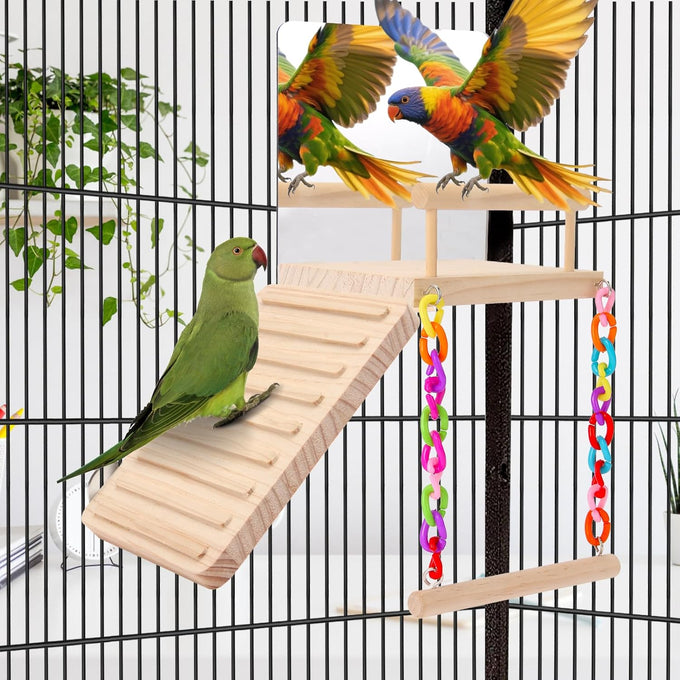 KyoukiBird Perch Platform Bird Toys with Mirror Climbing Ladder Swing for Cockatiels, Lovebirds, Budgies and More - Wooden Parakeet Cage Accessories