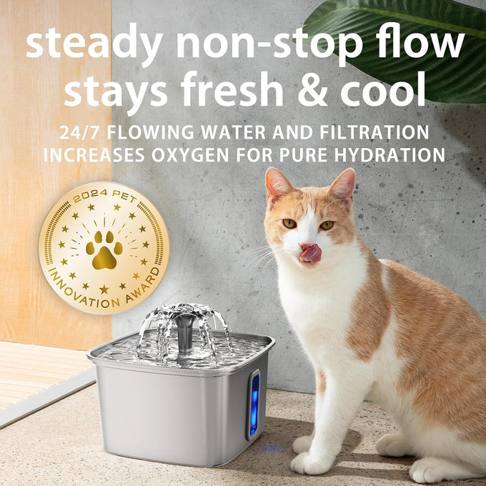 Veken Stainless Steel Cat Water Fountain, 108oz/3.2L Automatic Pet Fountain with 3 Replacement Filters & Silicone Mat, Silver