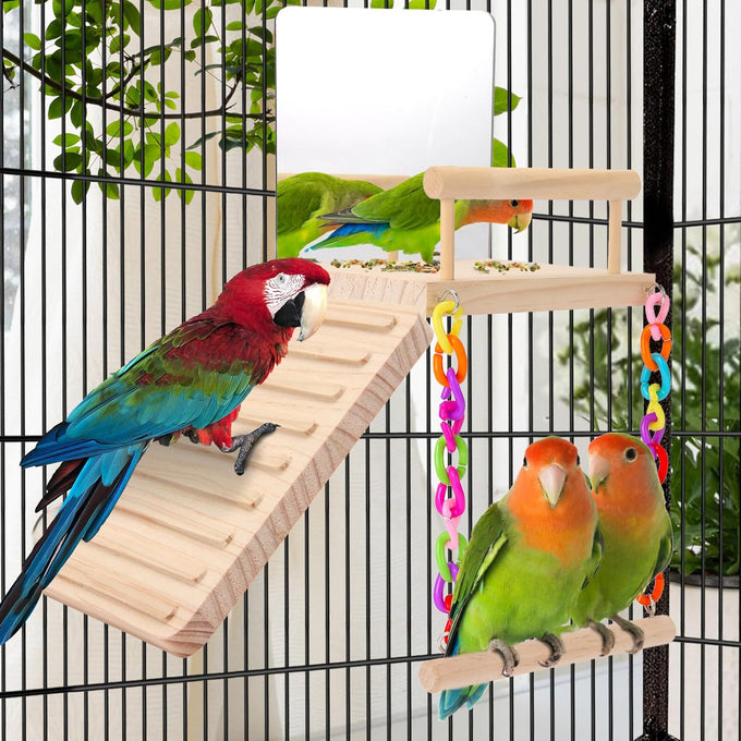 KyoukiBird Perch Platform Bird Toys with Mirror Climbing Ladder Swing for Cockatiels, Lovebirds, Budgies and More - Wooden Parakeet Cage Accessories