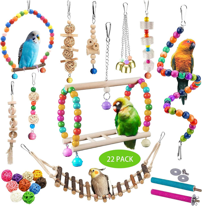 22 Pack Parakeet Cockatiel Toys Set with Safe Bells, Colorful Climbing Ladder, Natural Wood