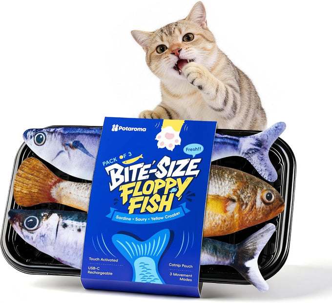 potaroma cat toys bite-sized flopping fish with catnip, realistic tap-activated moving kitten kicker, 3 floppy mode