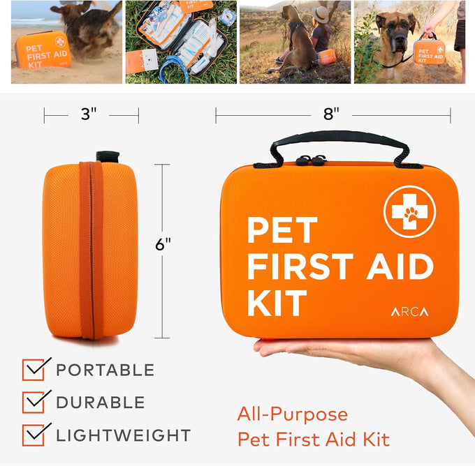 Arca Pet dog & cat first aid kit, vet-endorsed travel essentials with digital thermometer, muzzle, & mini first aid pouch