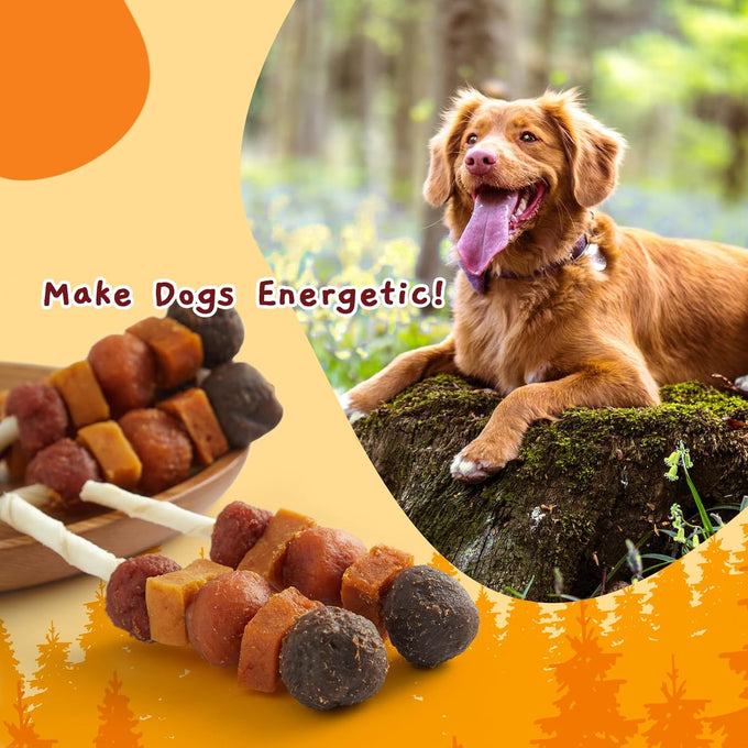jungle calling multi-flavor kabob dog snacks, made with chicken, duck, beef, sweet potatoes, and pumpkin
