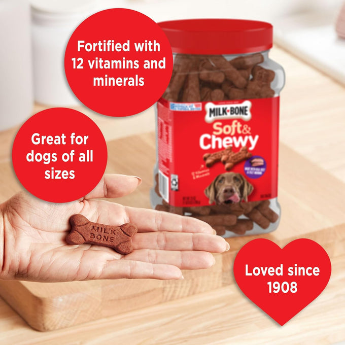 Milk-Bone Soft & Chewy Dog Treats, Made with Real Beef & Filet Mignon, 25 Ounce Canister for Dogs of All Ages