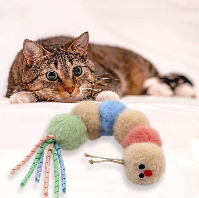 Soft caterpillar kicker for indoor cats, with rattle, ribbon, and catnip, bite resistant, for all ages.