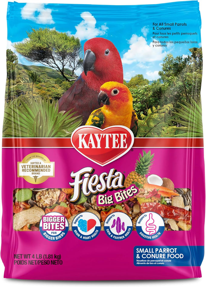 Kaytee Fiesta Big Bites Small Parrot & Conure Food, 4 Pounds, Nutritious and Fun Blend for Skin, Feather, Digestion, Brain and Heart Health