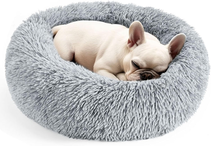 Hoewina 20in light grey donut bed for indoor cats and small dogs, washable, plush, waterproof, anti-slip