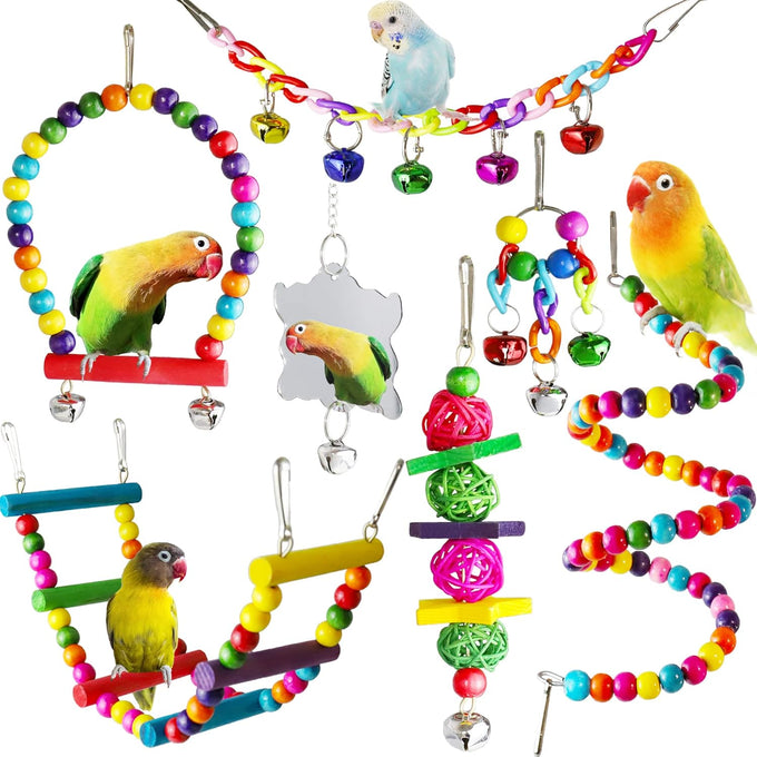 ESRISE wooden bird cage toys, parrot climbing ladder, chewing toys, bell swing for parakeet, cockatiel, love birds, budgies