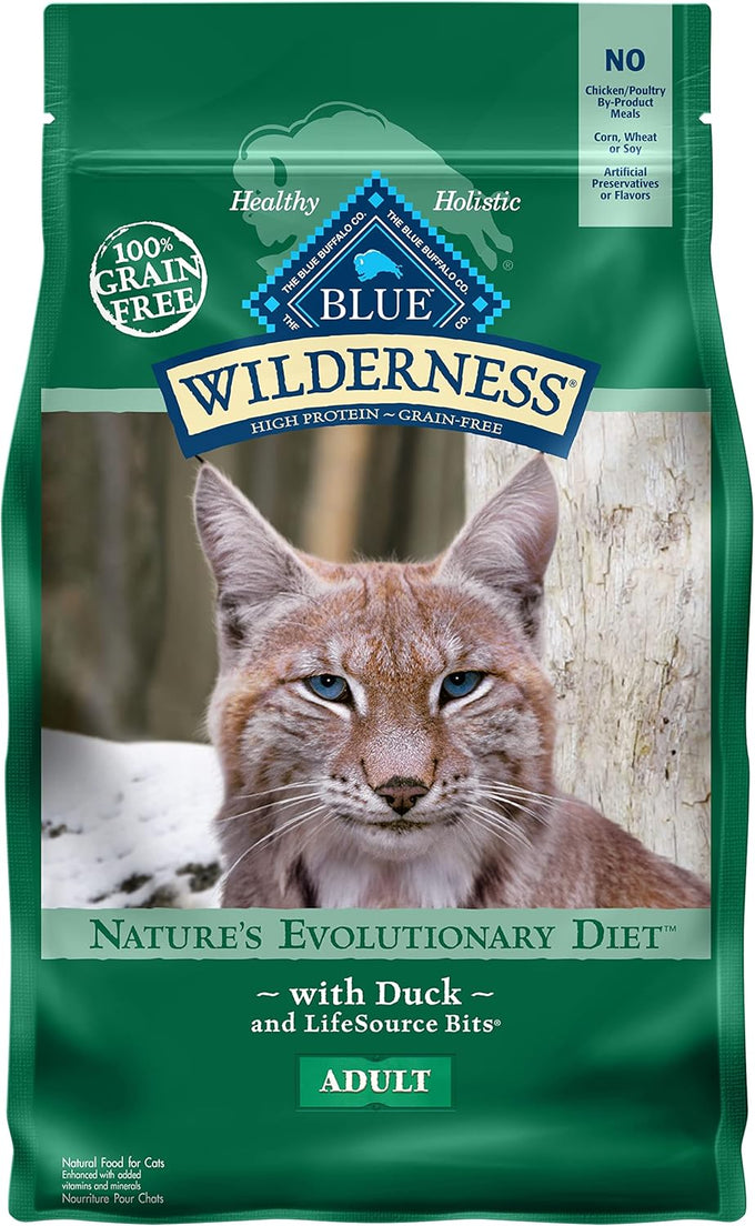 Blue Buffalo Wilderness high-protein grain-free dry cat food with duck for adult cats, 4 lbs.