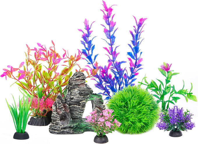 Ameliade goldfish and betta fish tank accessories artificial plastic plants decorations and rock cave set