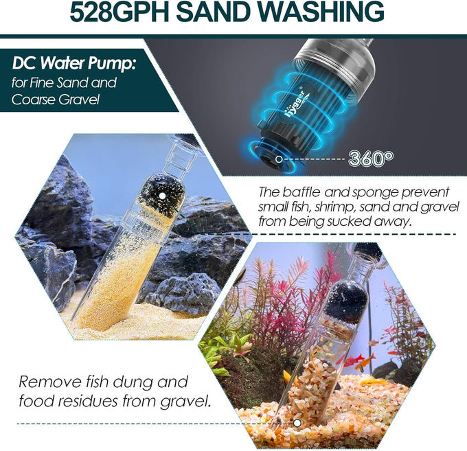 hygger electric aquarium gravel cleaner, 528gph fish tank vacuum, 5-in-1 automatic sand washer water changer cleaning kit