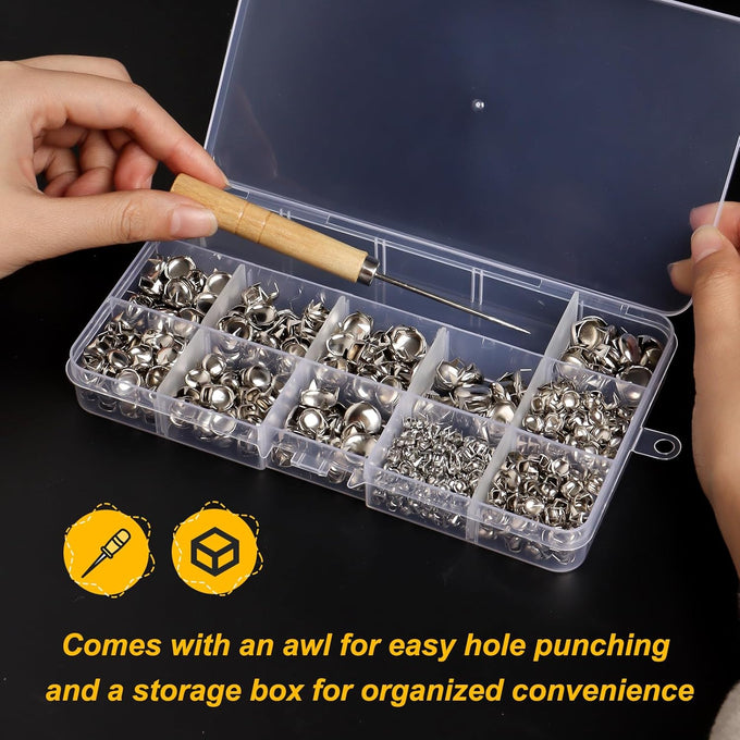 SBYURE silver round dome studs, 1000 pieces, 5 sizes kit, perfect for leather craft and clothing DIY