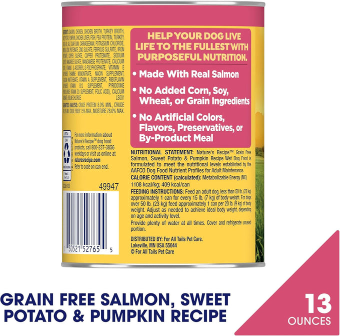 Nature's Recipe Grain Free Wet Dog Food, Salmon & Sweet Potato, 13oz Can