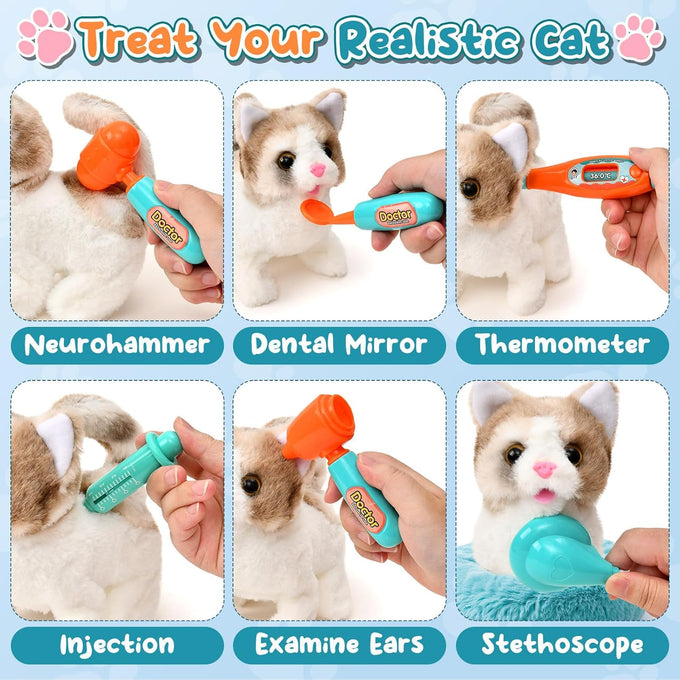 TUZT 17PCS Interactive Electric Cat Veterinarian Playset for Kids Birthday Gifts