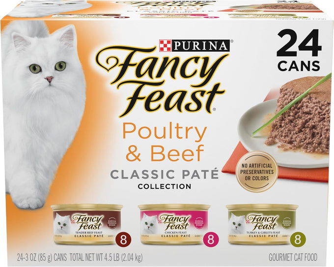 Fancy Feast grain free wet cat food pate collection, 3 oz. cans, pack of 24, no artificial colors or preservatives