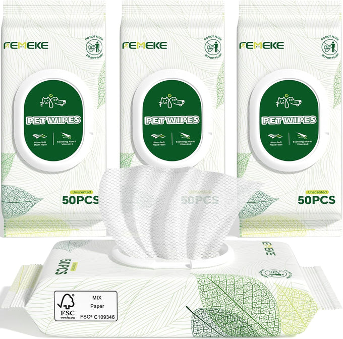 unscented-dog-and-cat-wipes-hypoallergenic-pH-balanced-all-natural-plant-fiber-4x50-packs
