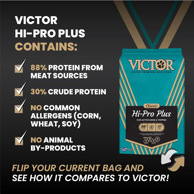 VICTOR Super Premium Dog Food – Hi-Pro Plus Dry Kibble – High Protein Dog Food with 30% Protein – Beef, Chicken, Pork, Fish Meals, Gluten Free - for High Energy and Active Dogs & Puppies, 5lbs