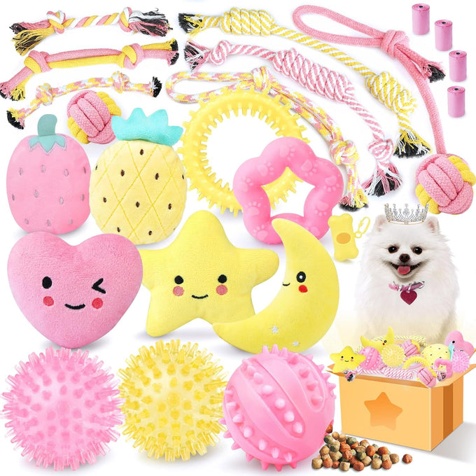 XIUGOAL 23 Pack Pink Puppy Toys for Female Puppies with Teething, Interactive Dog Toys and Ropes