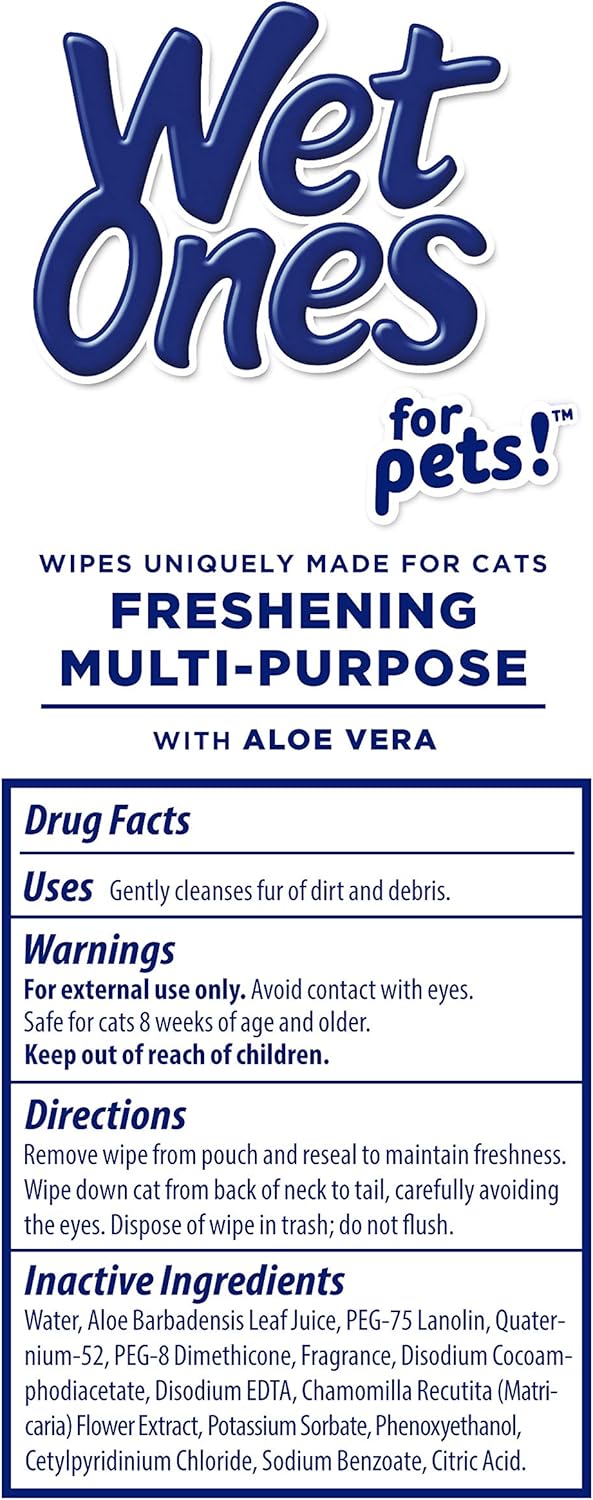 Wet Ones for Cats Freshening Wipes, multi-purpose cat grooming wipes with aloe vera, gentle cleaning, 50 count