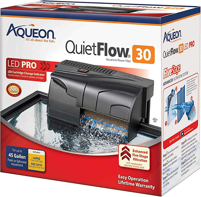 Aqueon QuietFlow 30 LED PRO self-priming filter for up to 45 gallon aquariums certified flow rate