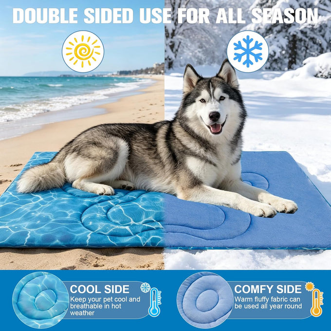 expwlorer dog cooling mat, double-sided foldable pet bed for dogs and cats, blue pad cooling dog blanket