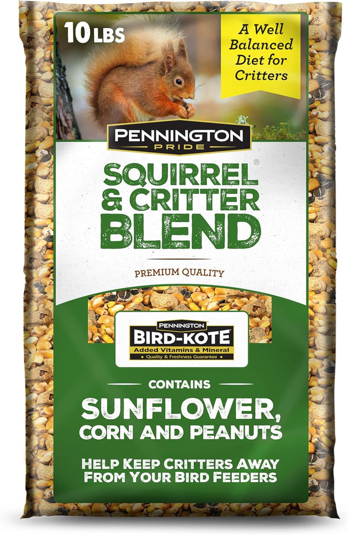 Pennington Pride Squirrel & Critter food attracts backyard wildlife with sunflower seeds and peanuts, 10-lb bag