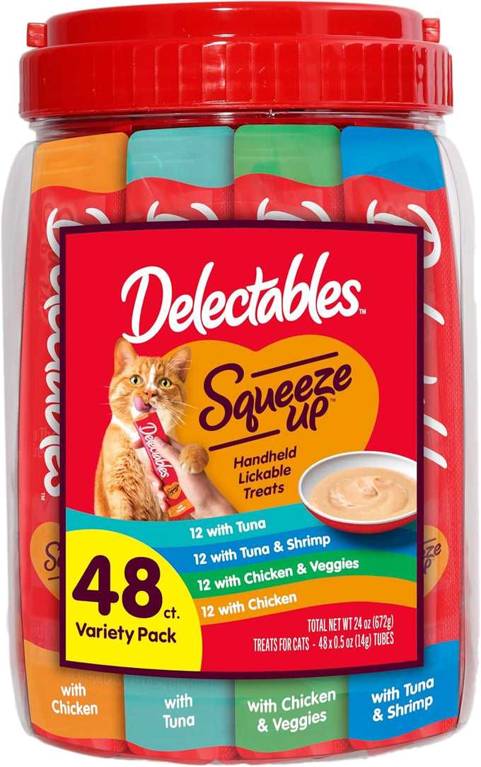 Delectables squeeze up variety pack, creamy squeezable puree, grain free cat treats, 48 x 0.5 oz tubes
