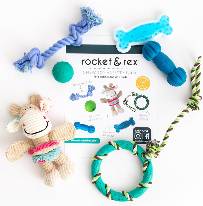 rocket & rex natural rubber and cotton dog chew toy set for small breeds, 6 pack assortment toy bundle