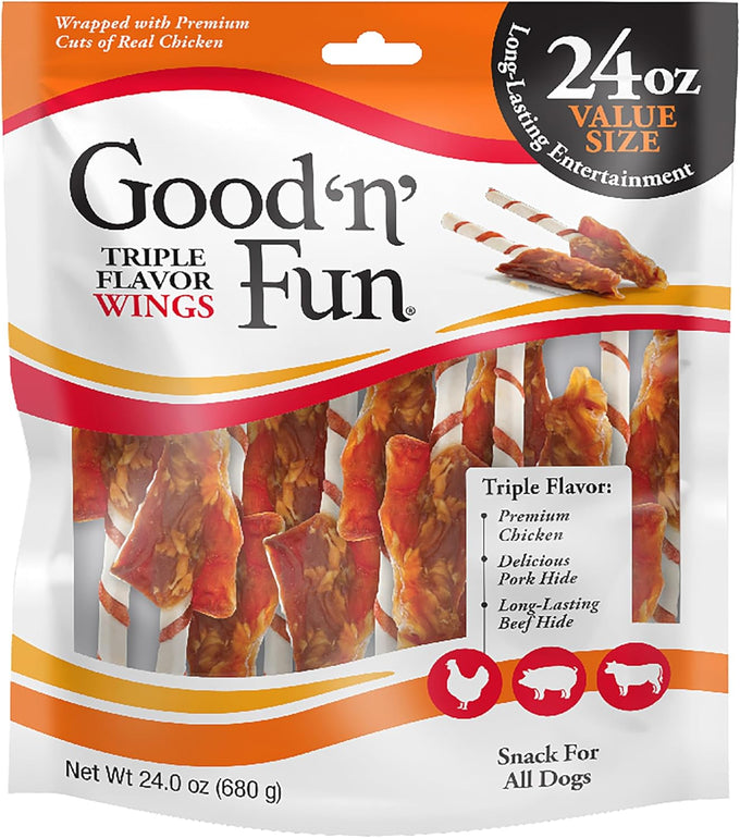 Good 'n' Fun Triple Flavor Wings Chews for All Dogs, 12 Ounces, Chicken, Pork Hide, and Beef Hide