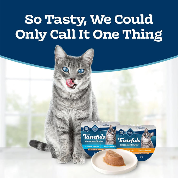 Blue Buffalo Tastefuls Paté Spoonless Single Wet Cat Food Variety Pack (Chicken & Turkey), Made with Natural Ingredients Enhanced with Minerals & Other Nutrients, 2.6-oz. Twin-Pack Trays (12 Count)