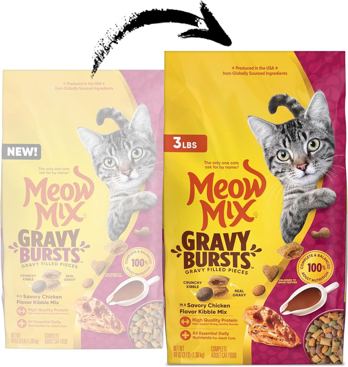 Meow Mix savory chicken flavor gravy bursts dry cat food, 3 lb bag, crunchy kibble with real gravy