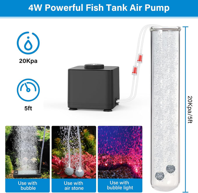 hygger aquarium air pump, 4w/7w/11w powerful oxygen aerator, adjustable dual stainless steel outlets for small-medium-large fish tank