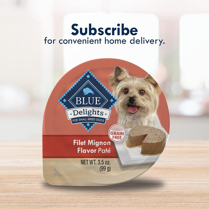 Blue Buffalo Delights Natural Adult Small Breed Wet Dog Food Cups, Pate Style, Filet Mignon Flavor in Savory Juice 3.5-oz (Pack of 12)