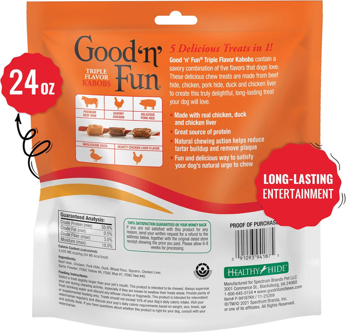 Good 'n' Fun Triple Flavor Kabobs Dog Chews, 24 Ounces, Beef Hide, Chicken, Pork Hide, Duck, Chicken Liver