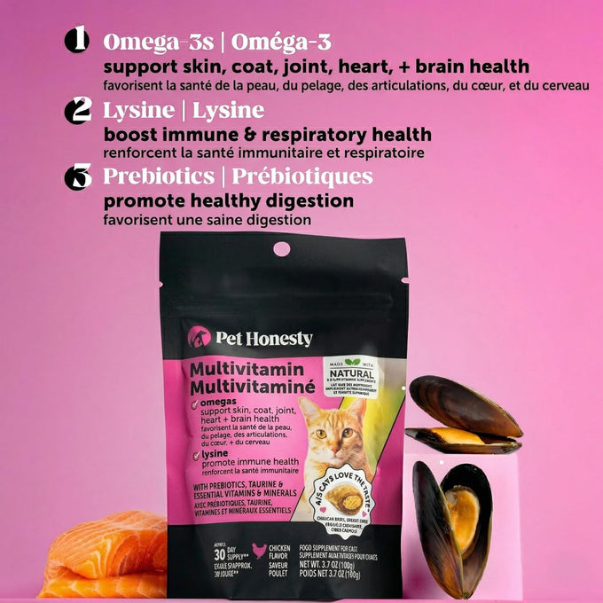 pet honesty cat multivitamin crunchy & creamy chews - supports immune, joint, skin, coat, and digestion health with omega 3s and lysine