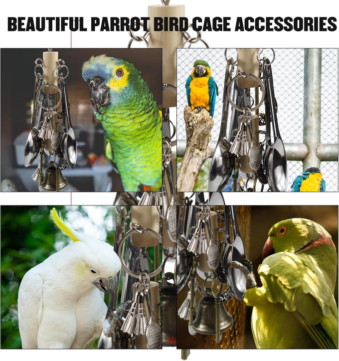 Bird Parrot Chew Toys for Macaws, African Grey Parrots, Cockatoos, and More - Brass Keys, Bells, and Mini Badminton Balls