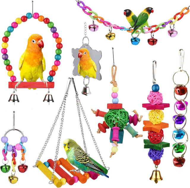 8 Pcs Parakeet Cockatiel Bird Toys Accessories Swing Wooden Perch Chewing Toy Set for Budgerigars Conures Love Birds Finches Budgies