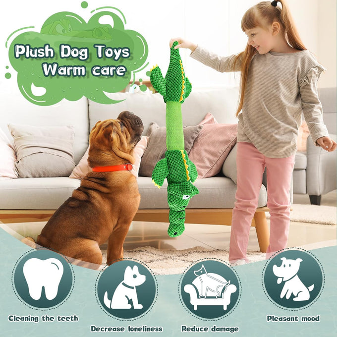 WOWBALA interactive squeaky dog chew toy for small, medium & large dogs, crocodile-shaped, plush, crinkle paper, 24-inch length