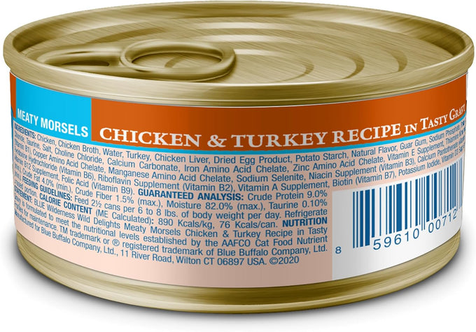 blue buffalo wilderness wild delights meaty morsels wet cat food, 24 count, 3-oz. cans, chicken & turkey recipe