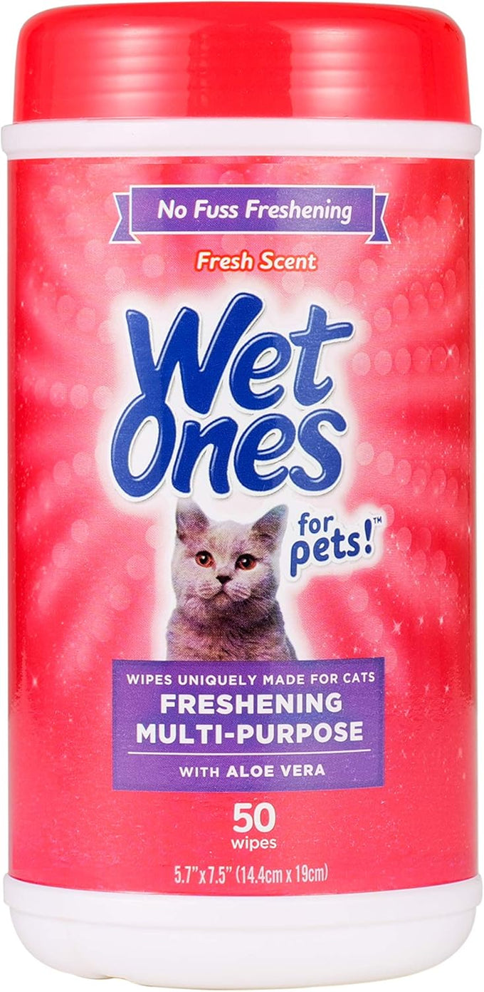 Wet Ones for Cats Freshening Wipes, multi-purpose cat grooming wipes with aloe vera, gentle cleaning, 50 count